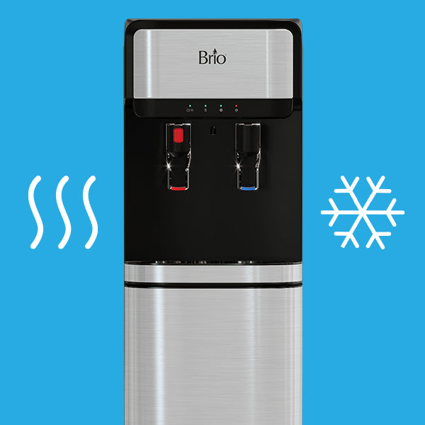 A stainless steel and black Brio water dispenser is shown against a blue background, with hot water steam lines on the left and a snowflake on the right indicating hot and cold water options.